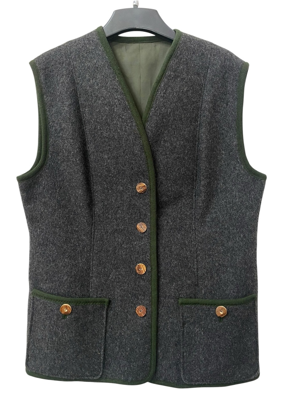 Vintage European Wool Gray Vest with Green Trim Antler Buttons 16 18 1X